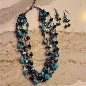 Turquoise and Black Beaded Necklace and Earring Set